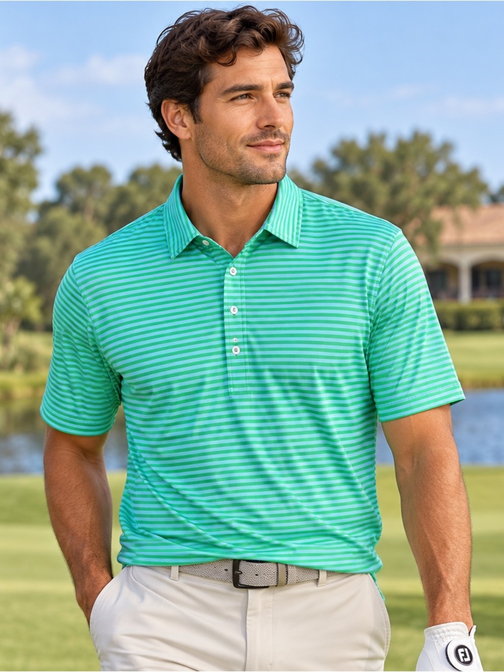 RLX Ralph Lauren Men’s Striped Performance Golf Polo Green Blue Size L